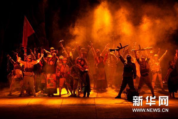 Serfs are jubilant about the peaceful liberation of Tibet in the drama "Liberation" premiered in Lhasa, Tibet, on June 29, 2011. [Photo/Xinhua]
