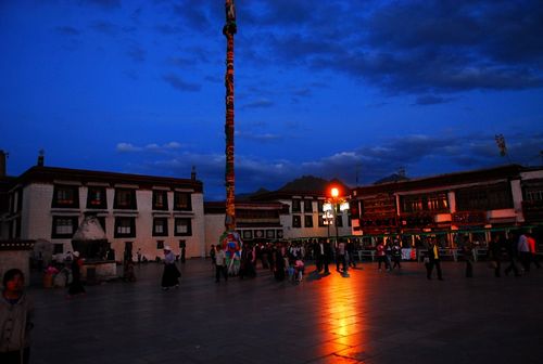 The square in front of the Jokhang Monastery in Lhasa, capital of Tibet, at dark.