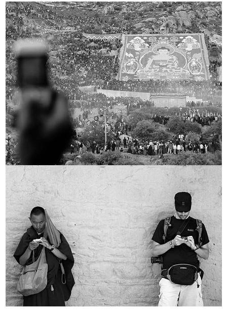 Drepung Monastery shows devotees the huge Thangka. Thousands of tourists flash their cameras to record the precious moment.