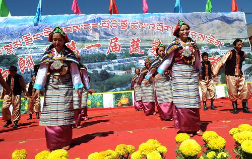 The wonderful dance performance is shown on the opening ceremony of the First Vegetable Picking Festival, May 28. [Photo/Xinhua]