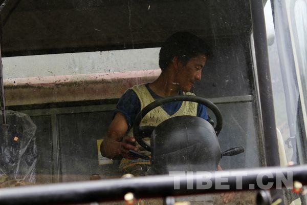 Driver operates a reaping machine for the harvest. [Photo/China Tibet Online]