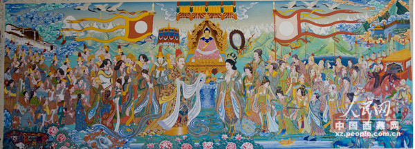 Photo shows a thangka titled "Princess Wencheng enters Tibet" designed by renowned thangka artist Nyangbon and jointly painted by artists Heren Qingjia and Sang Gyibo. (Photo: xz.people.com.cn)