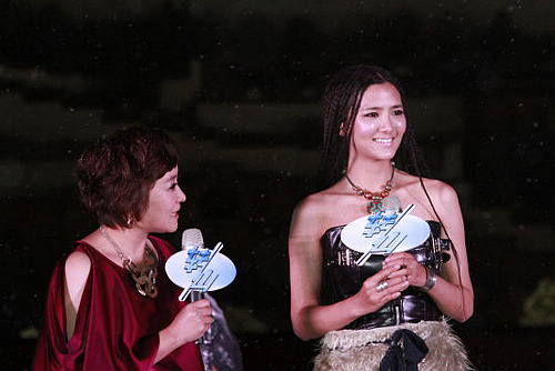 FREEZING GLAMOUR: Lead actress Li Tao speaks at the film premiere in front of Potala Palace on November 2. [Photo/SINA.COM]