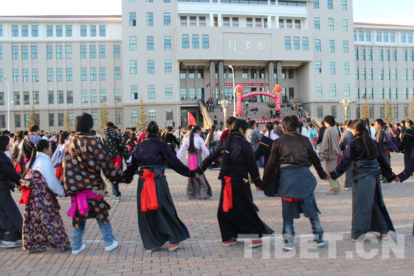 Students are participating in Gorchom circle dance at the 5th students' apartment cultural festival held on Nov. 10 at Gansu Normal University for Nationalities, Gannan Tibetan Autonomous Prefecture, northwest China's Gansu Province. [Photo/China Tibet Online]