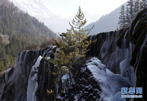 Photo taken on Jan. 8, 2012 shows the waterfall landscape in Jiuzhaigou scenic area, a renowned tourist resort in Aba Tibetan and Qiang Autonomous Prefecture in southwest China's Sichuan Province. The 7th China Jiuzhaigou international icefall tourism festival started on Monday. [Photo/Xinhua]