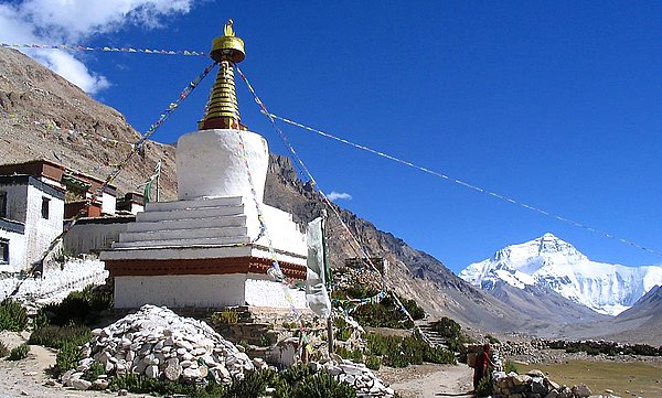 At around 5,100 meters above sea level, Rongbuk Monastery of the Nyingma Sect of Tibetan Buddhism is the highest temple in the world.