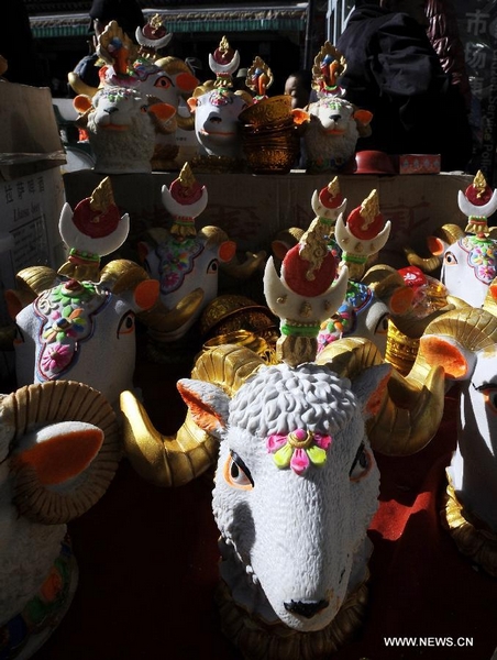 Photo taken on Feb. 6, 2012 shows the sheep head ornaments, a symbol of good year, on sale at a shop in Lhasa, capital of southwest China's Tibet Autonomous Region. Local residents of Lhasa started preparing food and home decorations to greet the coming Tibetan New Year, which falls on Feb. 22 this year. People of Tibetan ethnic group are able to enjoy two long holidays in 2012 to celebrate Chinese Lunar New Year and Tibetan New Year respectively.