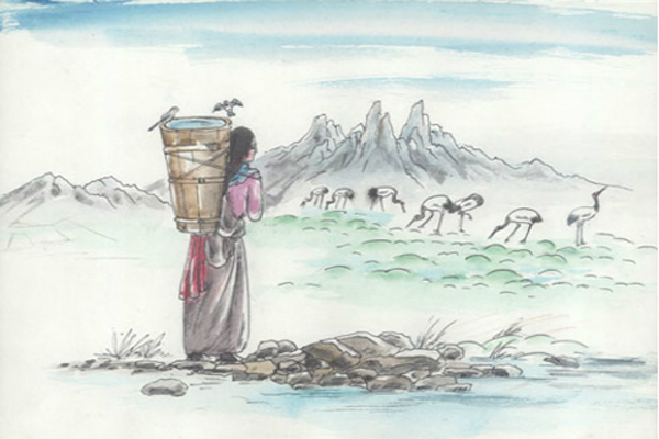 A traditional Tibetan wedding may see a girl married off to a family in a faraway village. Sometimes, she will never return. The cranes arrive in summer and leave in autumn, and live near the herders' homes. The herders know the routes the cranes take. The girls see the cranes flying from their own village and sing songs of home.