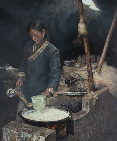 "The Morning Song" by Guo Hua, depicting a Tibetan herdsman's daughter cooking milk tea with a smile on her face in the morning, won the golden prize in the first "Beauty of Tibet" Painting Contest in 2011. [Photo/China Tibet Online]