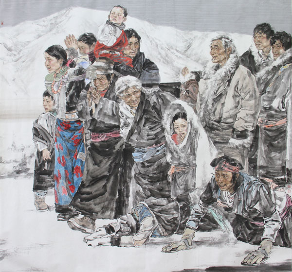 Photo shows a Chinese painting named "Harmonious holy road" by Qi Bochen, which is awarded with sliver prize of the second "Beauty of Tibet" Painting Contest. [Photo/ China Tibet Online]