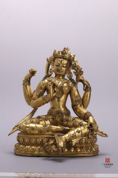 Gilding copper statue of Green Tara is exhibited in Provincial Museum of Guangdong in Guangzhou on April 10. [Photo/www.gdmuseum.com]